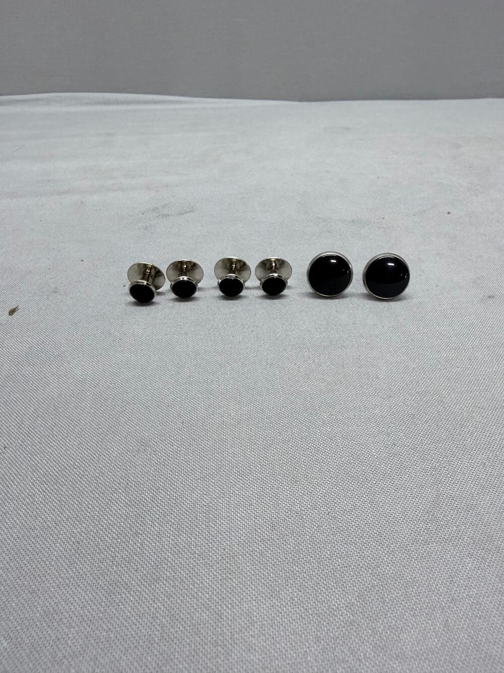 Vintage Silver Tone Black Onyx Tuxedo Cufflinks and Shirt Studs 6pc Formal Set